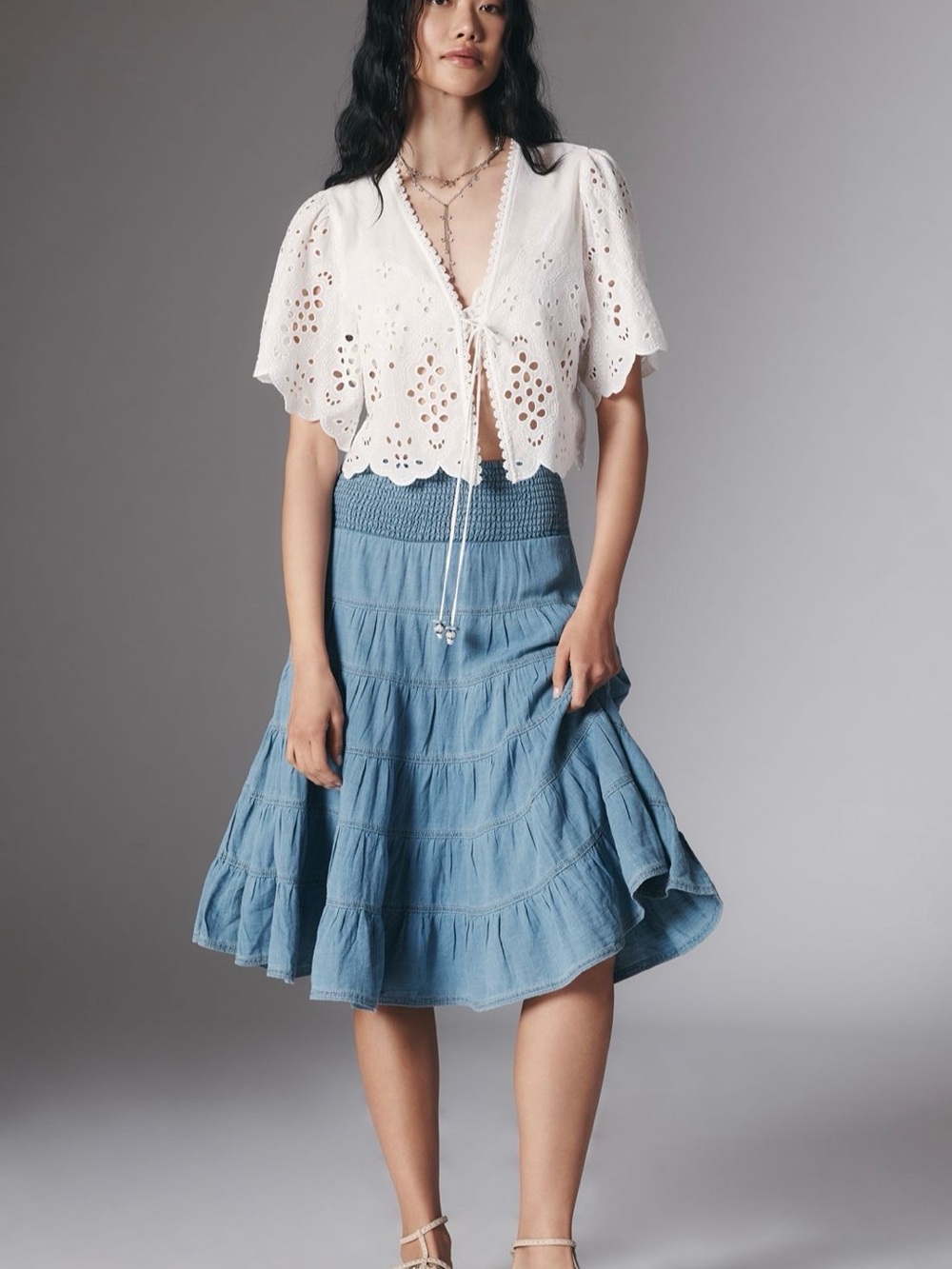 Pilcro Light Blue Tiered Midi Skirt denim cotton size M
